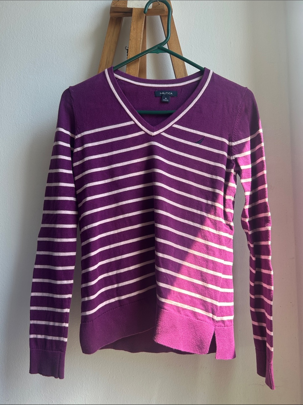 Nautica Purple and Cream Striped V-Neck Sweater